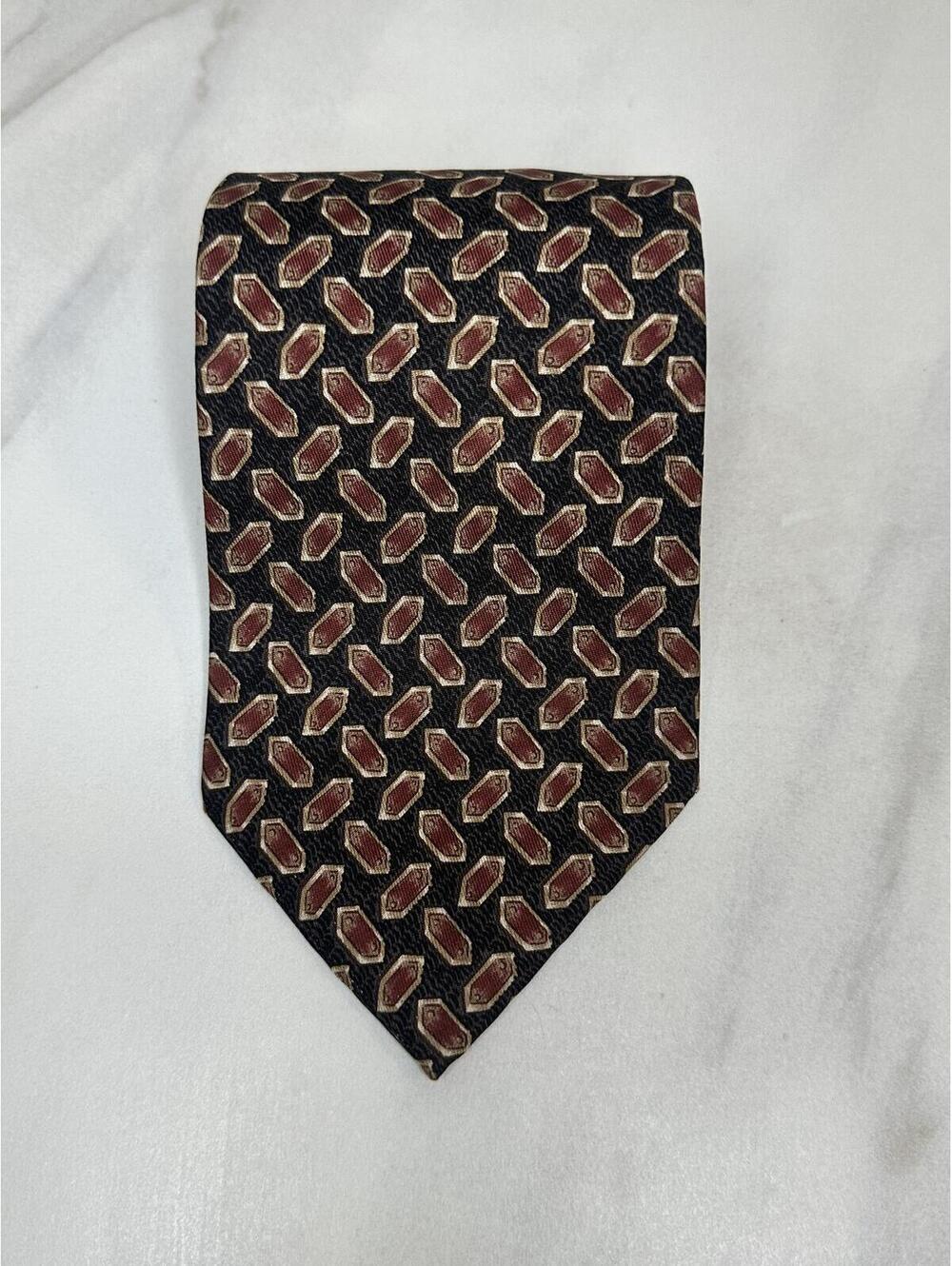Vintage Burberrys London silk tie black/brown/gold geometric medallion classic